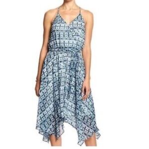 Banana Republic Blue Medallion Print Handkerchief Hem Tie Belt Midi Dress Sz M